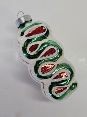 VINTAGE Rauch Red & Green Christmas Ribbon Candy Glitter Glass Ornament